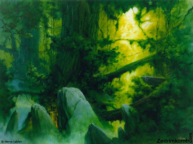 An exotic vision of a millenial giant tree in a deep green virgin forest, a unexplored and fantastic jungle, wild and untouched with primitive standing stone. a fantasy view of science-fiction. It is alike frazetta, Jeffrey jones, Roger dean, Regis loisel, siudmak, Thomas moran painting, drawing or illustration